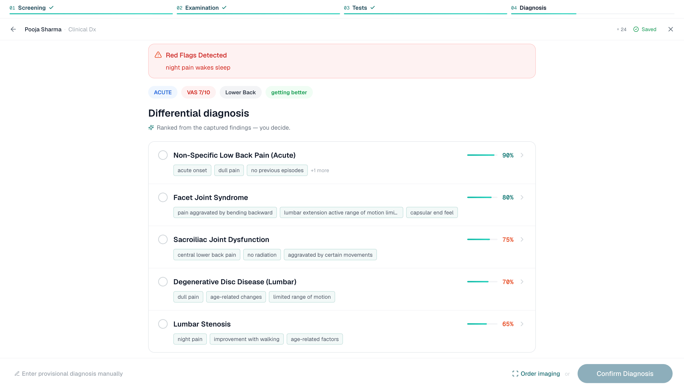 Healui differential diagnosis with red flags and confidence ranked conditions
