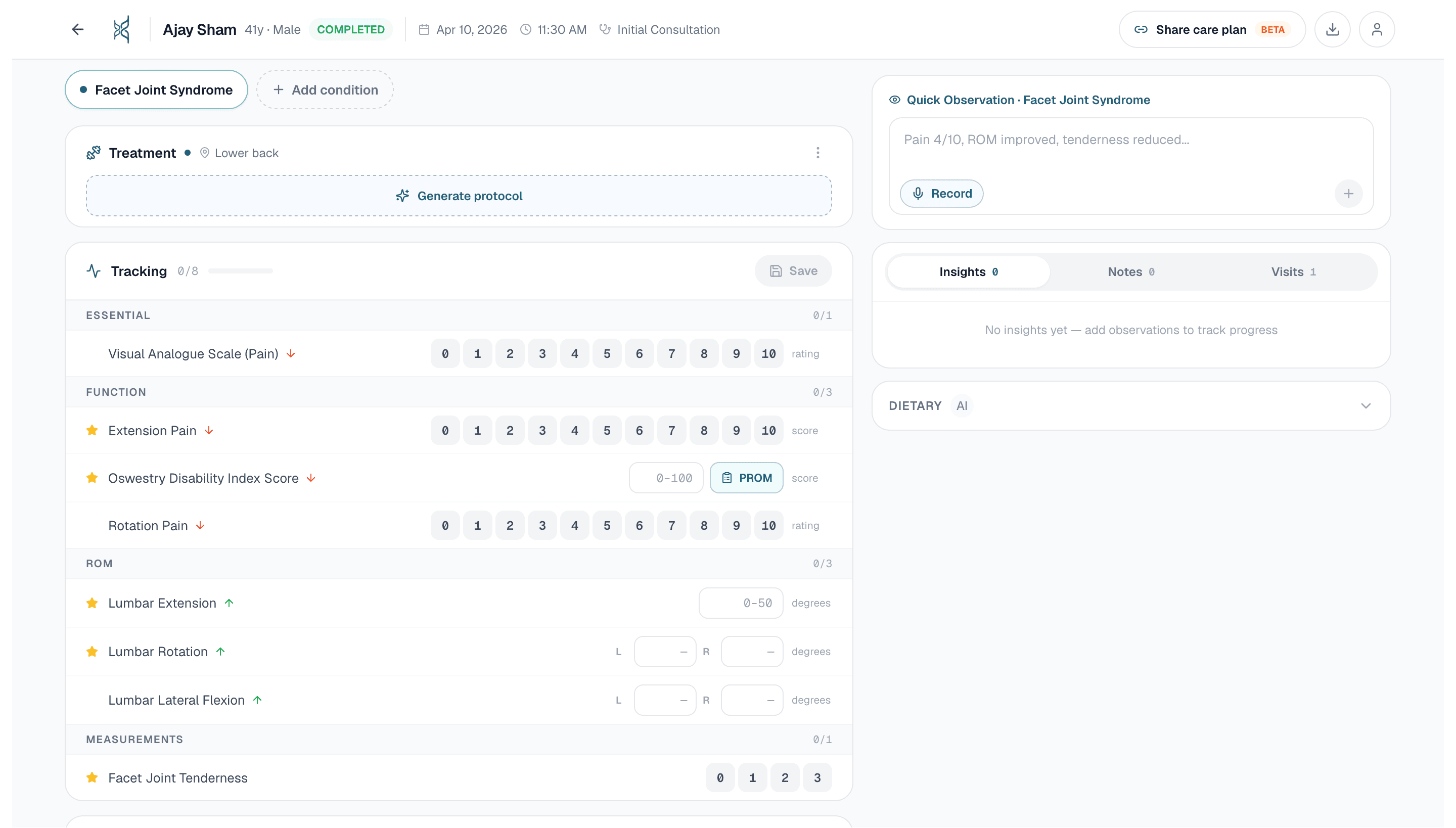 Healui visit screen with tracking measures and insights