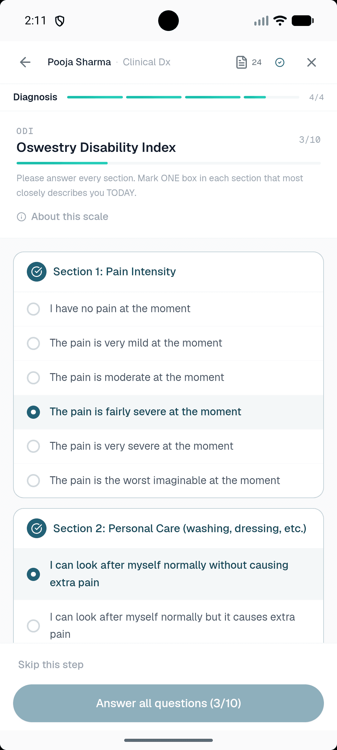 Healui mobile ODI questionnaire