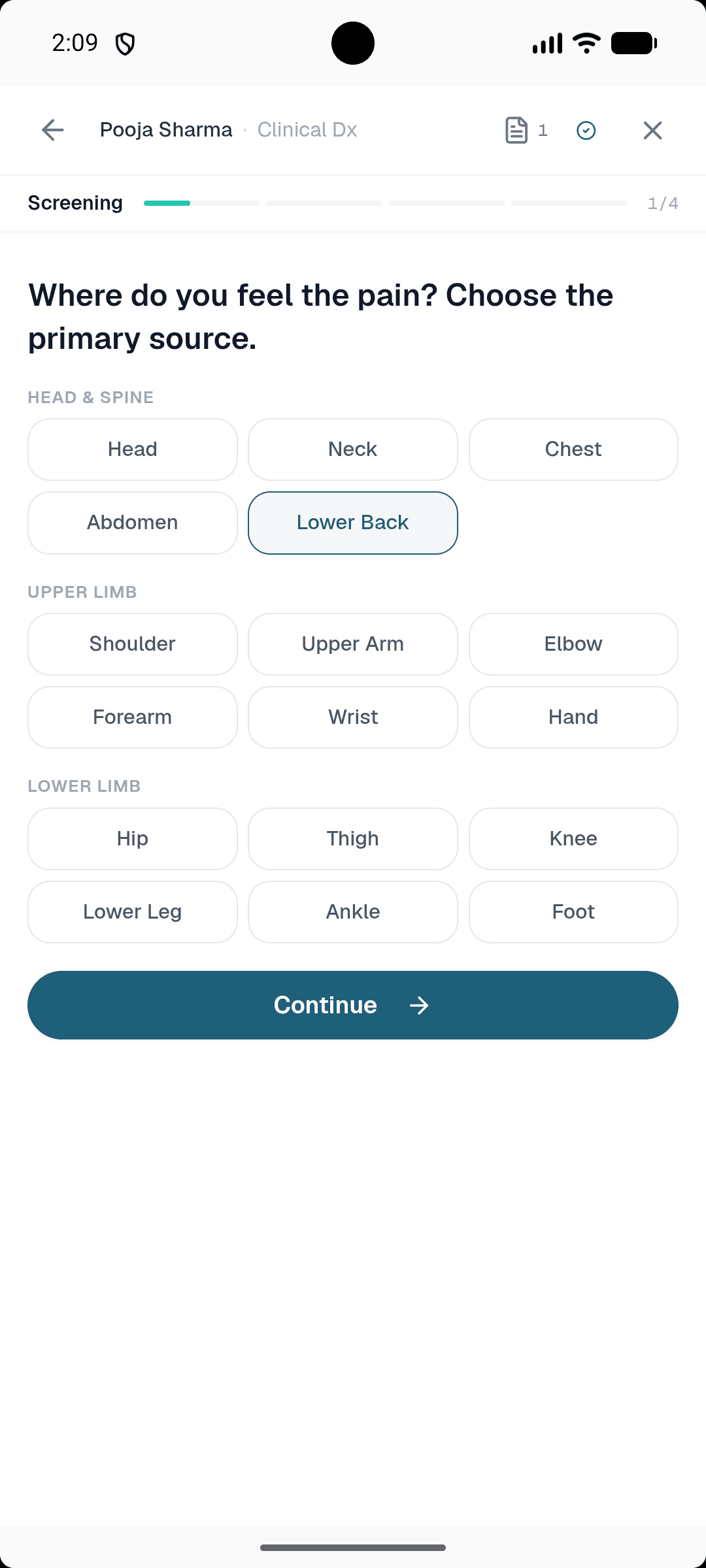 Healui mobile screening body region picker