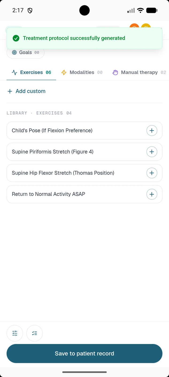 Protocol setup with focus, pace, length and delivery suggested from the record