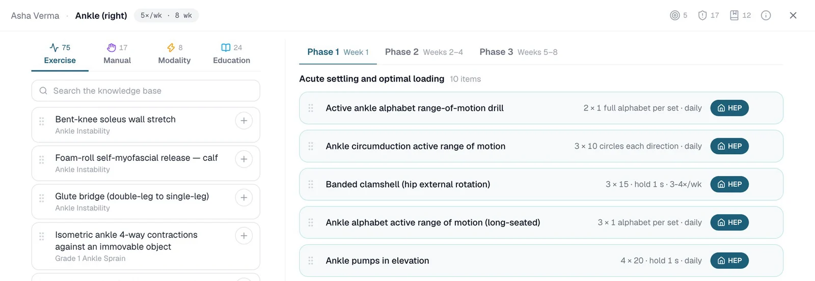 Phased treatment protocol with dosage and home exercise items